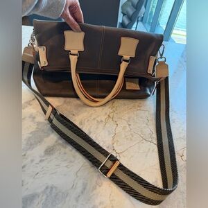 Grey Leather crossbody bag with Cream Handles and Red piping across the lining